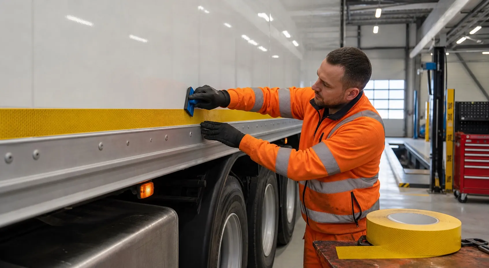 Monteur brengt reflecterende tape aan op een vrachtwagen