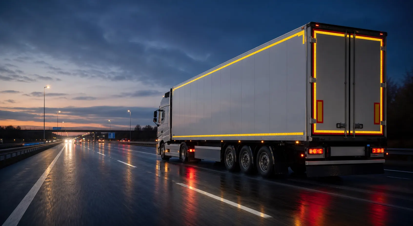 Vrachtwagen met reflecterende contourmarkering in de avond