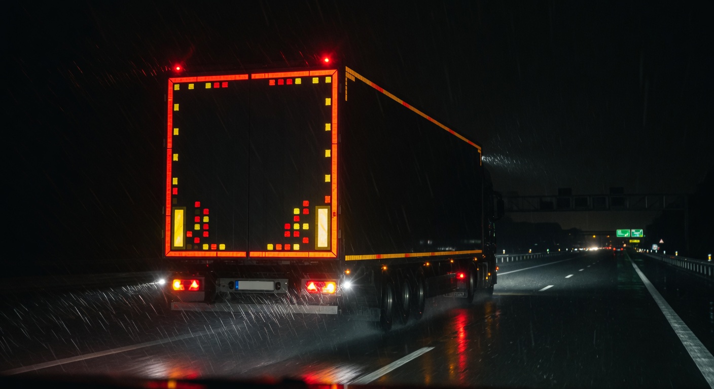 Truck trailer at night with glowing red and yellow contour markings dramatically lit by following vehicle headlights, demonstrating long-range visibility