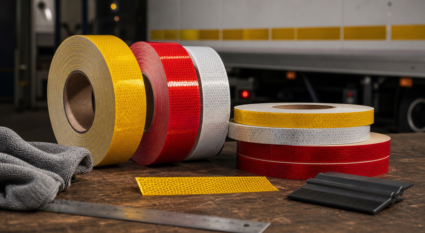Yellow, red and white reflective vehicle marking tape rolls on a workshop bench